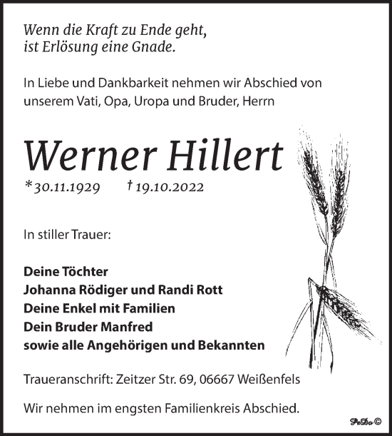 Traueranzeige von Werner Hillert von Trauerkombi Weißenfels
