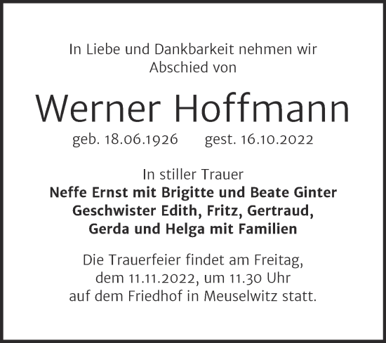 Traueranzeige von Werner Hoffmann von Trauerkombi Zeitz