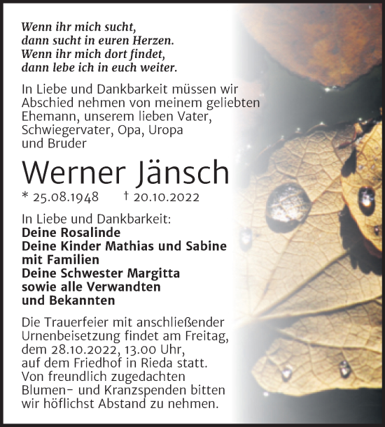 Traueranzeige von Werner Jänsch von Trauerkombi Bitterfeld