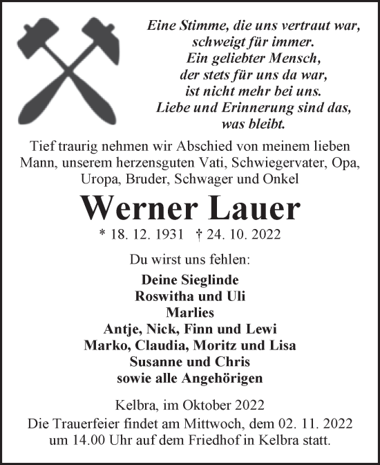 Traueranzeige von Werner Lauer von Mitteldeutsche Zeitung Sangerhausen