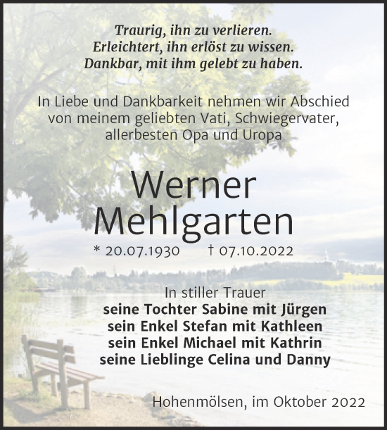Traueranzeige von Werner Mehlgarten von Trauerkombi Weißenfels