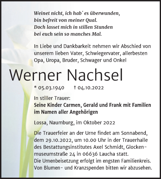 Traueranzeige von Werner Nachsel von Wochenspiegel Naumburg/Nebra