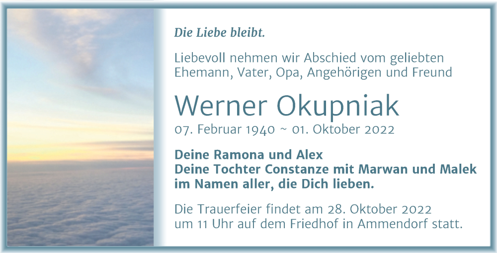  Traueranzeige für Werner Okupniak vom 15.10.2022 aus Mitteldeutsche Zeitung Halle/Saalkreis