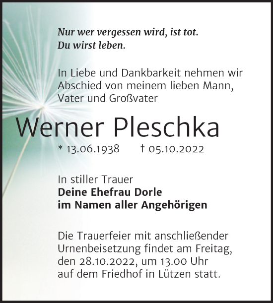 Traueranzeige von Werner Pleschka von Trauerkombi Weißenfels