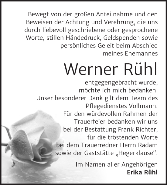 Traueranzeige von Werner Rühl von Trauerkombi Sangerhausen