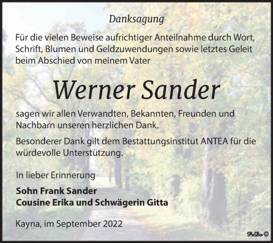 Traueranzeige von Werner Sander von Trauerkombi Zeitz