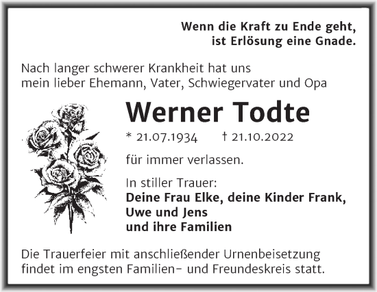 Traueranzeige von Werner Todte von Trauerkombi Sangerhausen