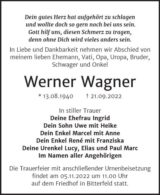 Traueranzeige von Werner Wagner von Trauerkombi Bitterfeld