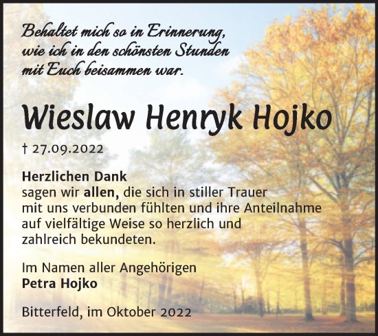 Traueranzeige von Wieslaw Henryk Hojko von Trauerkombi Bitterfeld
