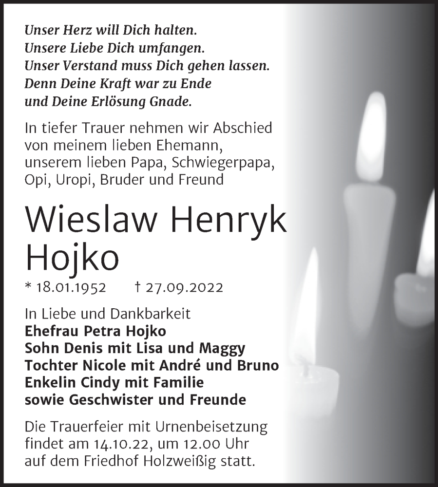  Traueranzeige für Wieslaw Henryk Hojko vom 01.10.2022 aus Trauerkombi Bitterfeld