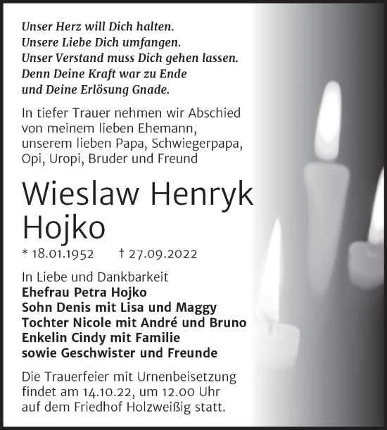Traueranzeige von Wieslaw Henryk Hojko von Trauerkombi Bitterfeld