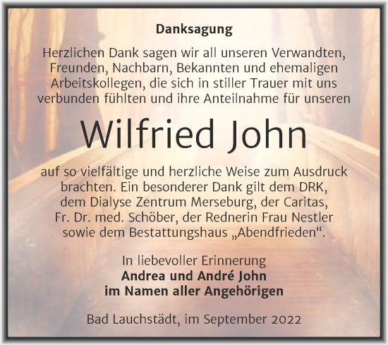 Traueranzeige von Wilfried John von Trauerkombi Merseburg