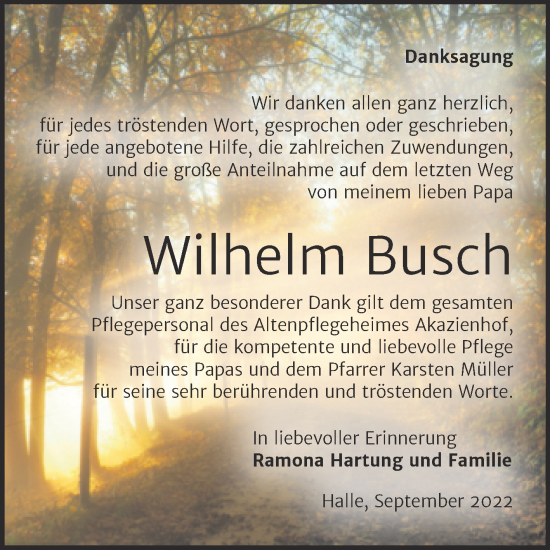 Traueranzeige von Wilhelm Busch von Mitteldeutsche Zeitung Halle/Saalkreis