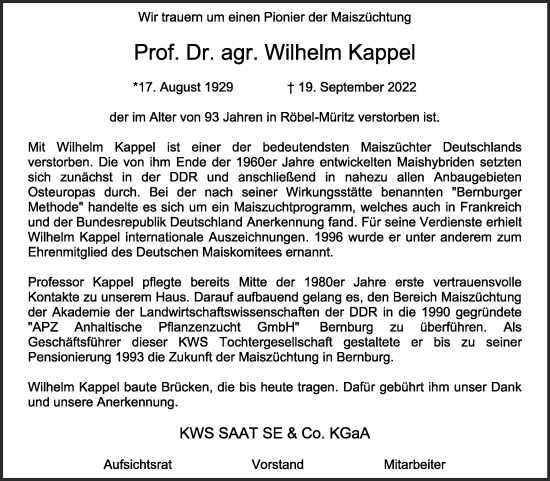 Traueranzeige von Wilhelm Kappel von Super Sonntag Bernburg