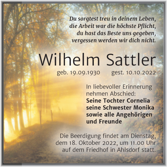 Traueranzeige von Wilhelm Sattler von Mitteldeutsche Zeitung Mansfelder Land