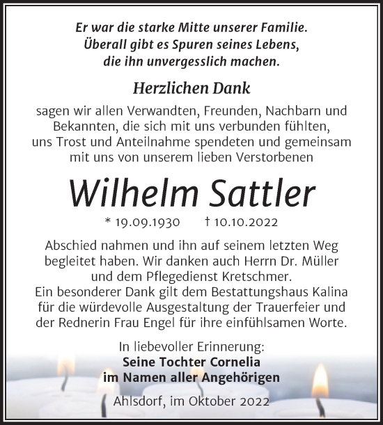 Traueranzeige von Wilhelm Sattler von Trauerkombi Mansfelder Land