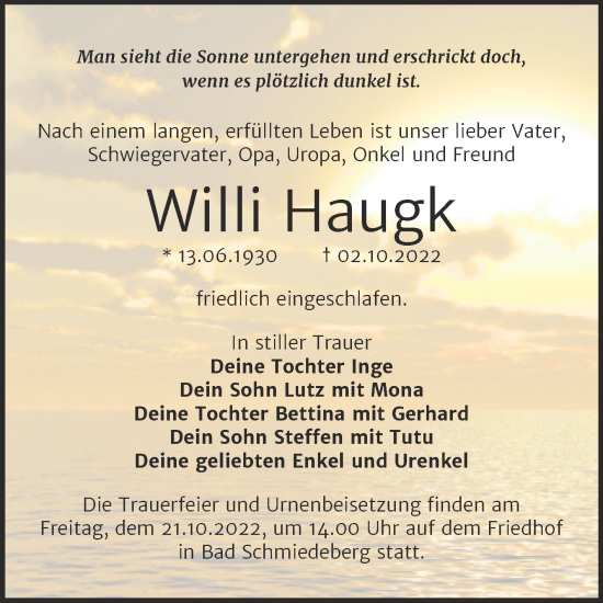 Traueranzeige von Willi Haugk von Trauerkombi Bernburg