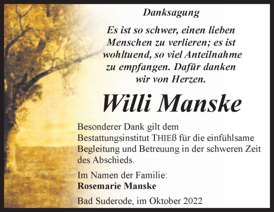 Traueranzeige von Willi Manske von Trauerkombi Quedlinburg