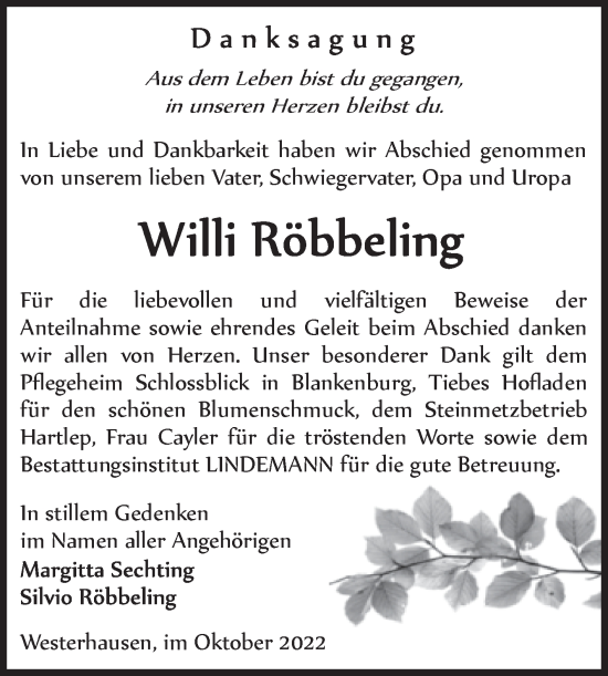Traueranzeige von Willi Röbbeling von Trauerkombi Quedlinburg