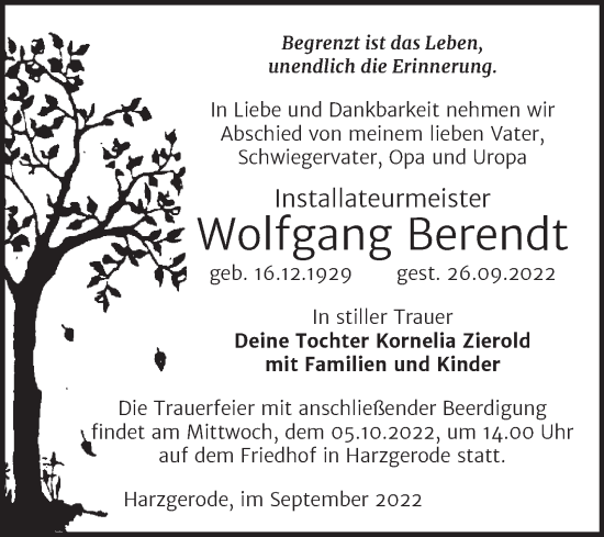 Traueranzeige von Wolfgang Berendt von Super Sonntag Quedlingburg