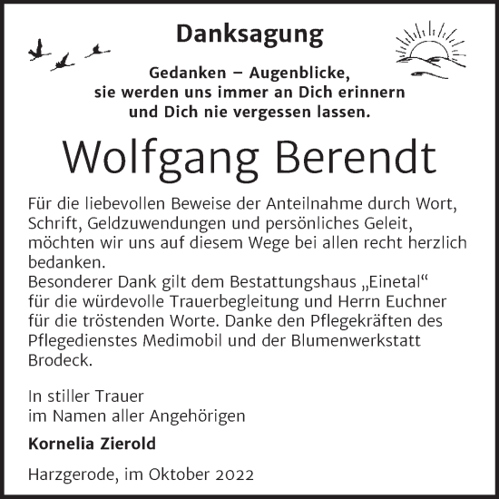 Traueranzeige von Wolfgang Berendt von Super Sonntag Quedlingburg