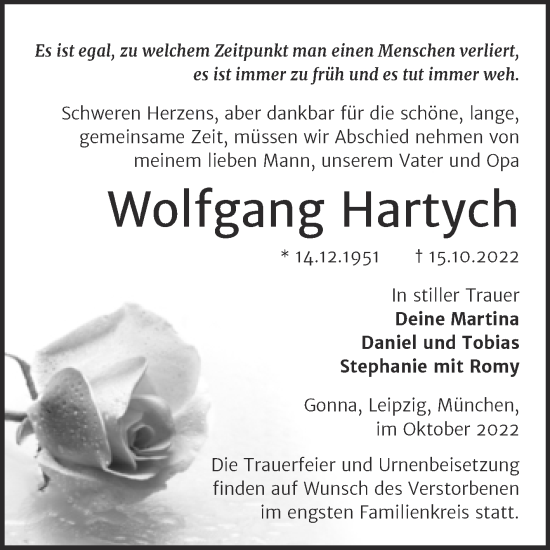 Traueranzeige von Wolfgang Hartych von Trauerkombi Sangerhausen