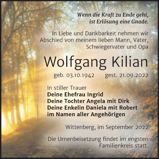 Traueranzeige von Wolfgang Kilian von Trauerkombi Wittenberg