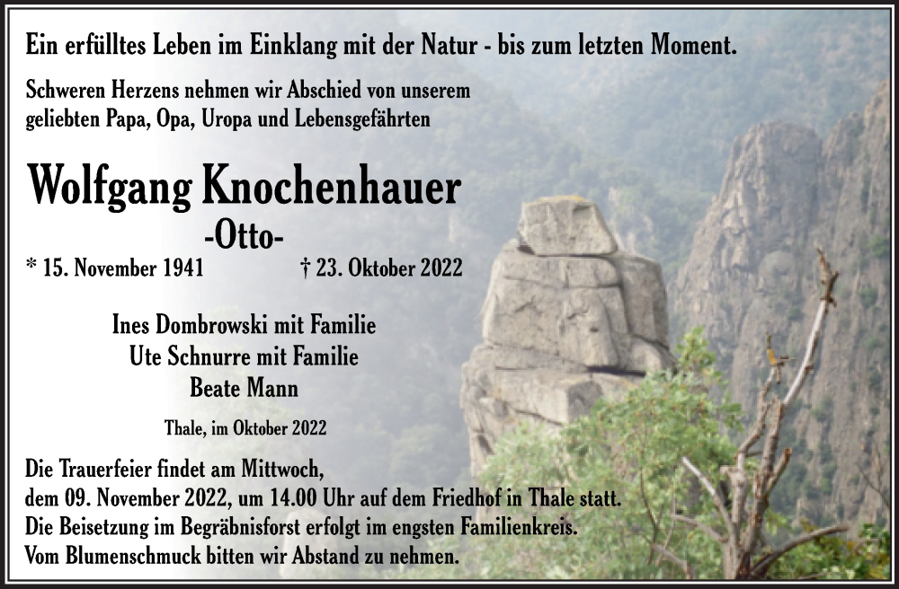  Traueranzeige für Wolfgang Knochenhauer vom 29.10.2022 aus Trauerkombi Quedlinburg