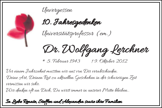 Traueranzeige von Wolfgang Lerchner von Mitteldeutsche Zeitung Halle/Saalkreis