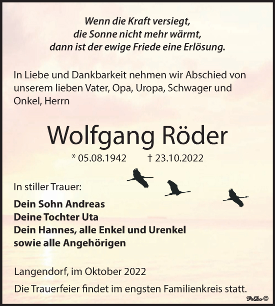 Traueranzeige von Wolfgang Röder von Trauerkombi Weißenfels