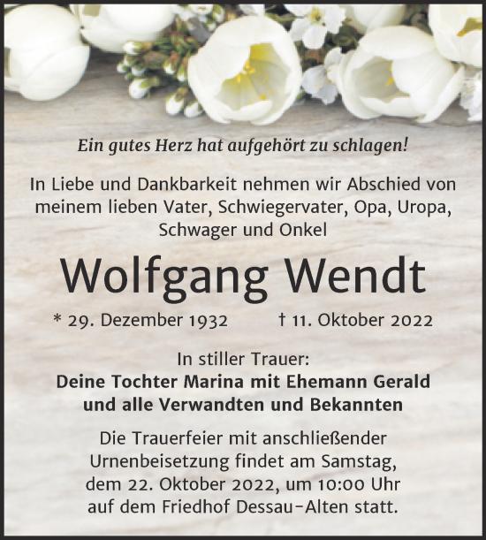 Traueranzeige von Wolfgang Wendt von Trauerkombi Dessau