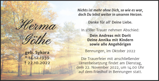 Traueranzeige von Herma Göthe von Trauerkombi Sangerhausen