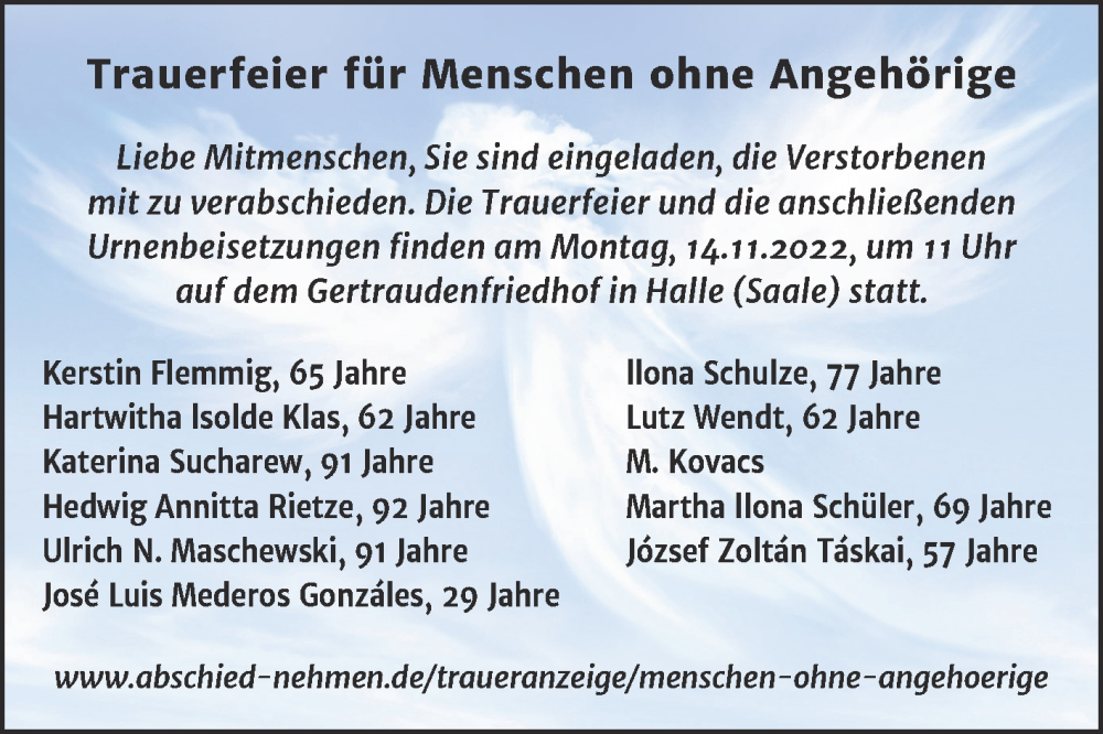 Traueranzeige für Menschen ohne Angehörige  vom 12.11.2022 aus Mitteldeutsche Zeitung Halle