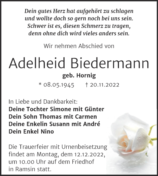 Traueranzeige von Adelheid Biedermann von Trauerkombi Bitterfeld