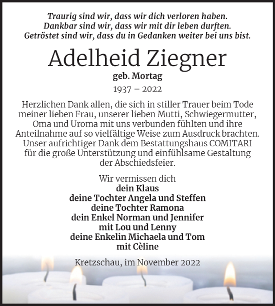Traueranzeige von Adelheid Ziegner von Trauerkombi Zeitz