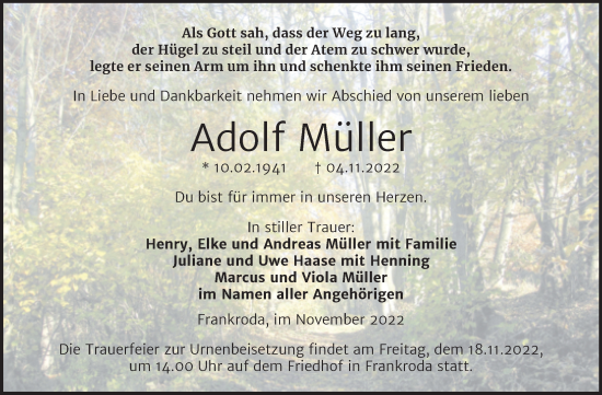Traueranzeige von Adolf Müller von Wochenspiegel Naumburg/Nebra