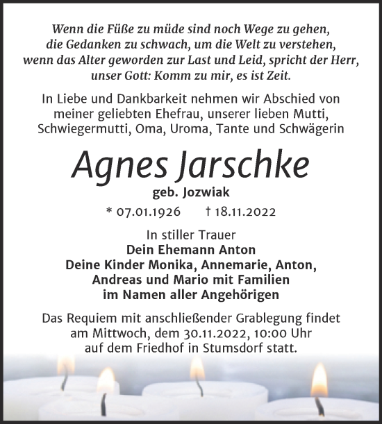 Traueranzeige von Agnes Jarschke von Trauerkombi Bitterfeld