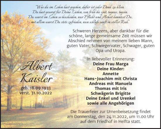 Traueranzeige von Albert Kaisler von Trauerkombi Mansfelder Land