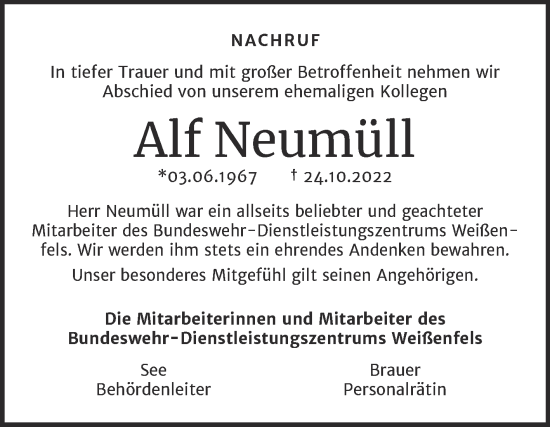 Traueranzeige von Alf Neumüll von Naumburger Tageblatt