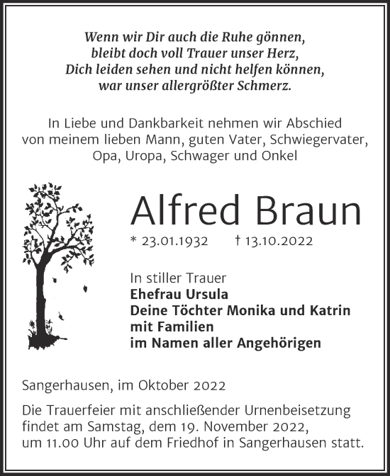 Traueranzeige von Alfred Braun von Super Sonntag Sangerhausen