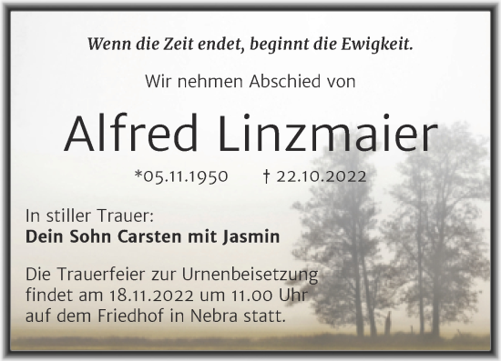 Traueranzeige von Alfred Linzmaier von Wochenspiegel Naumburg/Nebra