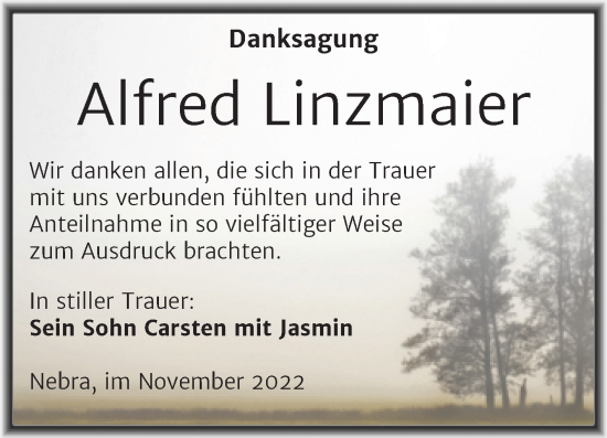 Traueranzeige von Alfred Linzmaier von Wochenspiegel Naumburg/Nebra