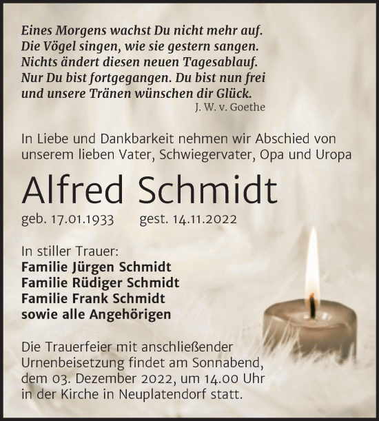 Traueranzeige von Alfred Schmidt von Trauerkombi Quedlinburg