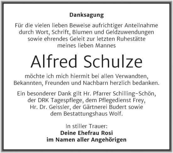Traueranzeige von Alfred Schulze von Trauerkombi Weißenfels