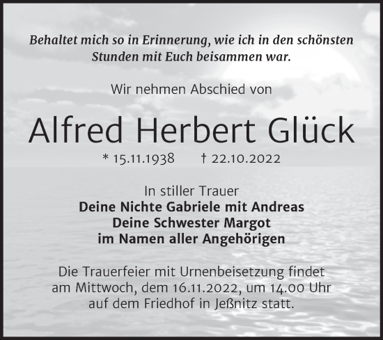 Traueranzeige von Alfred Herbert Glück von Trauerkombi Bitterfeld