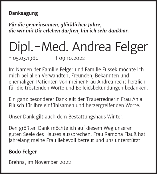 Traueranzeige von Andrea Felger von Trauerkombi Bitterfeld