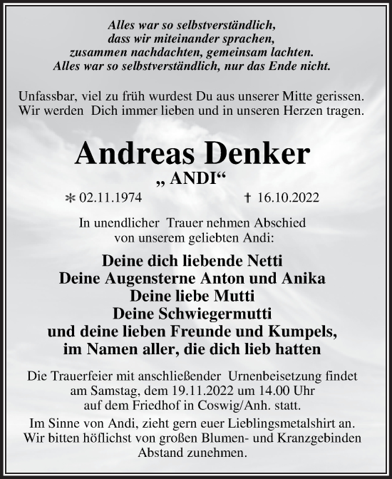 Traueranzeige von Andreas Denker von Super Sonntag Wittenberg