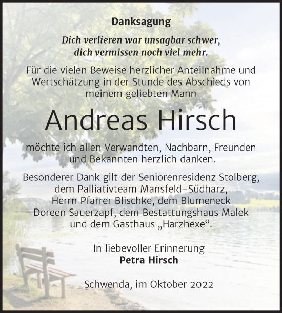 Traueranzeige von Andreas Hirsch von Trauerkombi Sangerhausen