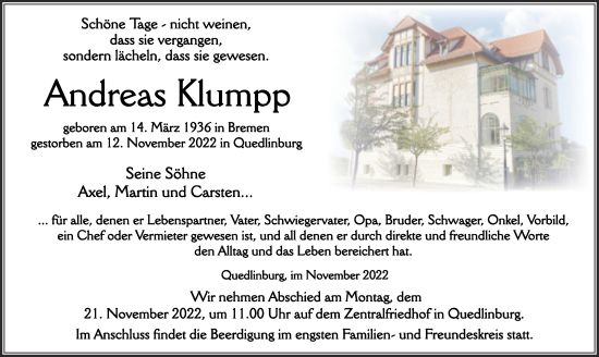 Traueranzeige von Andreas Klumpp von Trauerkombi Quedlinburg