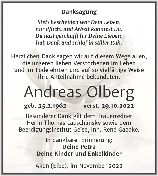 Traueranzeige von Andreas Olberg von Trauerkombi Köthen
